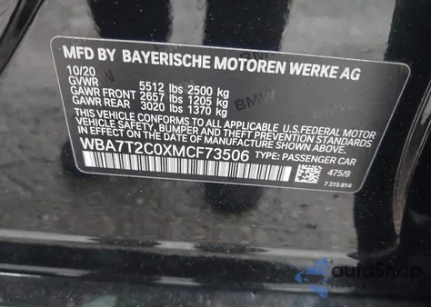 2021 BMW 740I z USA, uszkodzony, nr VIN WBA7T2C0XMCF73506